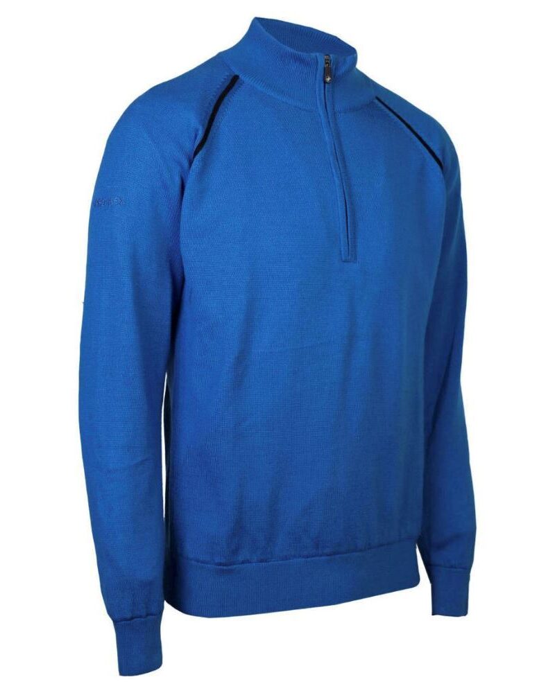 A blue ProQuip golf sweater with a half zip and black shoulder trim