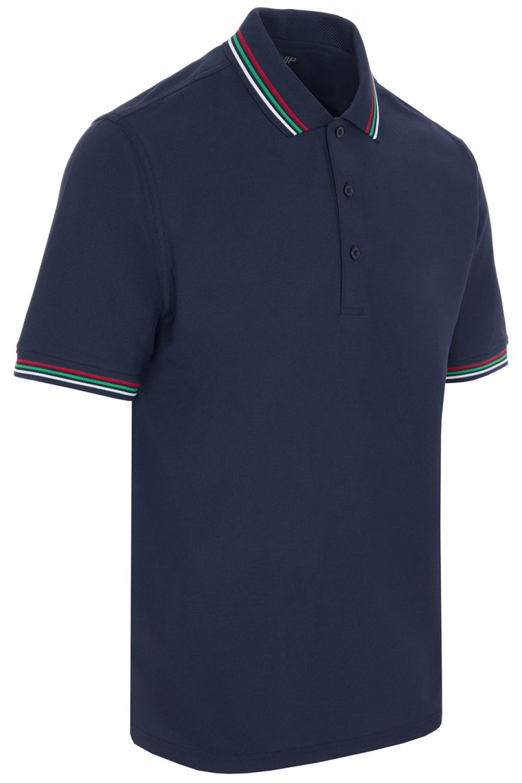 ProQuip GPS-11 polo shirt is a stylish golf pique with tri-stripe contrast collar and sleeves